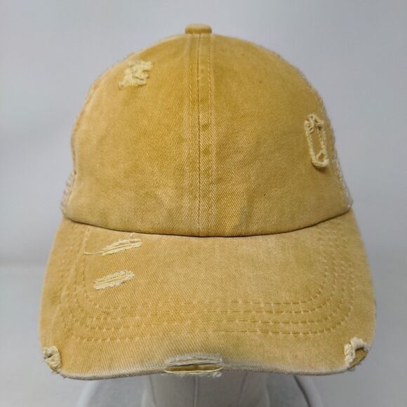 Women's Pontail Hole Strapback Mesh Back Hat Cap Tan Distressed Adjustable - Picture 2 of 8
